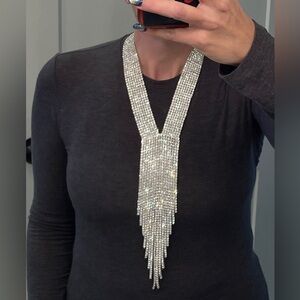 Elegant Silver Rhinestone Fringe Statement Necklace